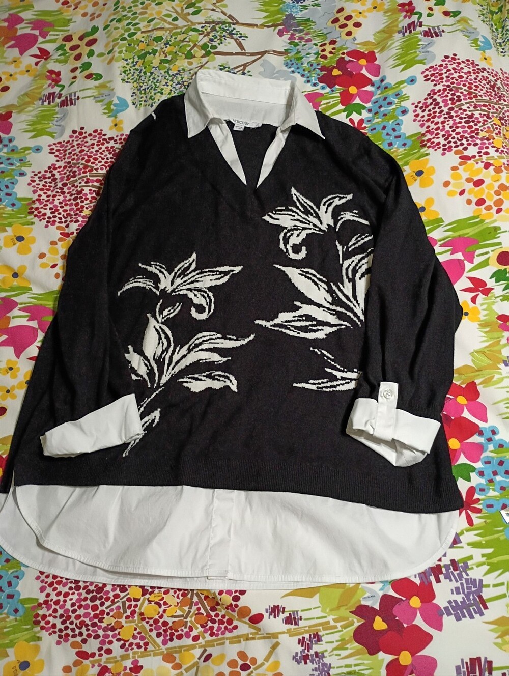 Chico's Black Sweater with White Floral Detail and Attached Shirt Size 3 Or XL
